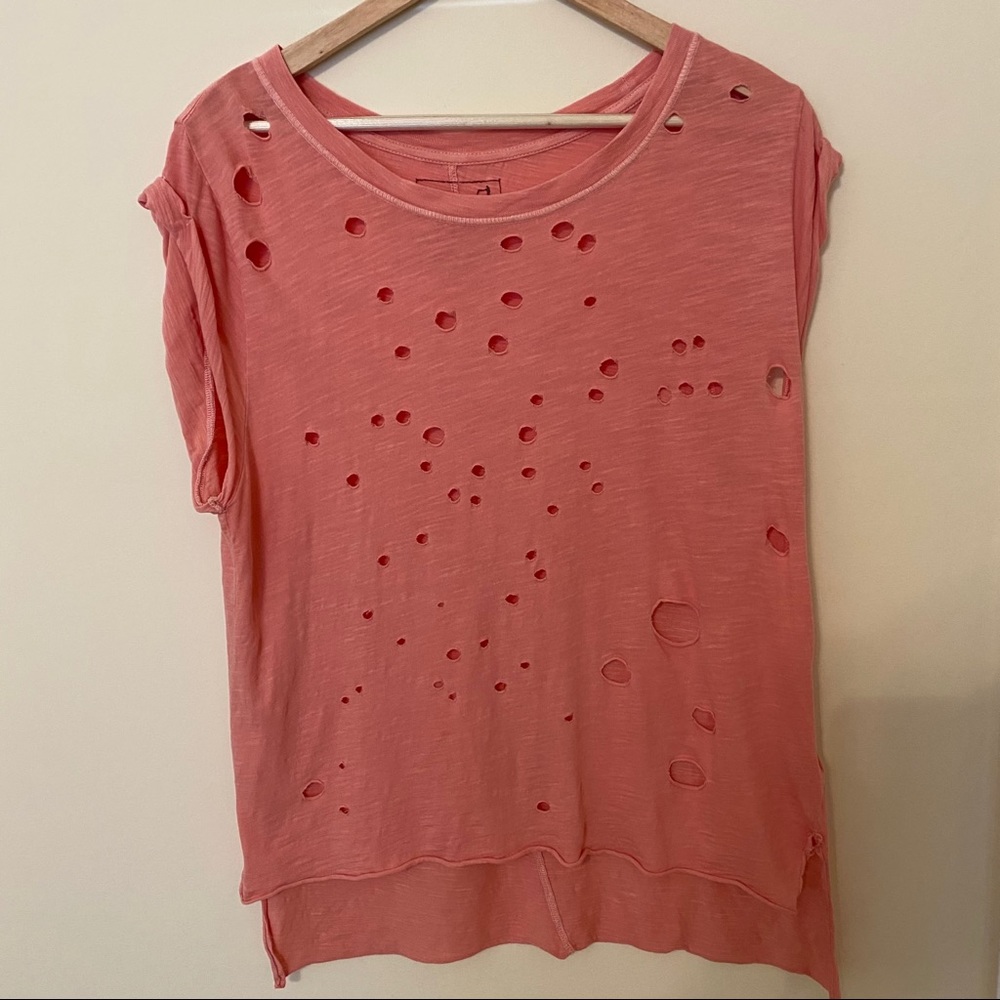 We The Free Distressed Slashed Coral Cotton Tee